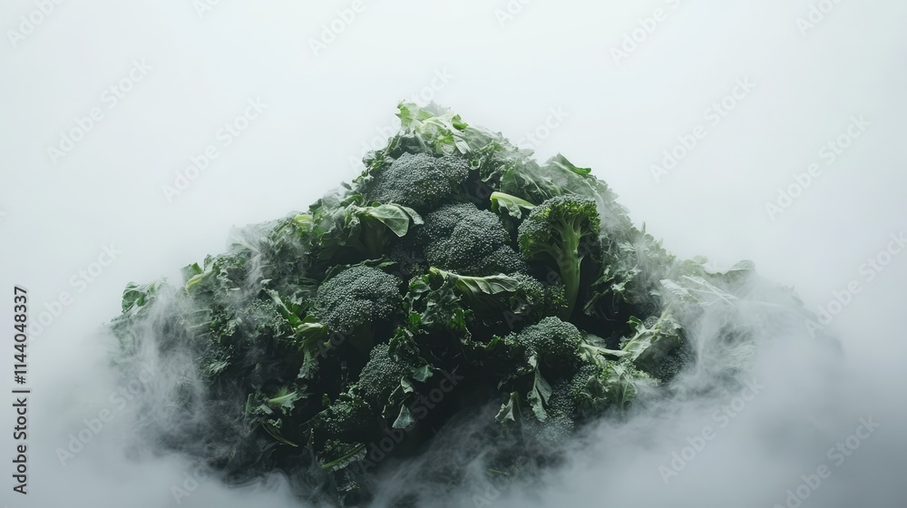 Poster fresh broccoli surrounded by mist on a white background showcasing its vibrant green color and healt
