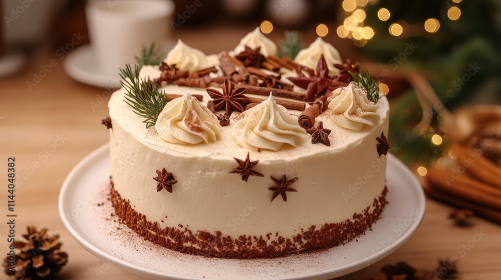 Aufkleber Homemade cake decorated with winter spices and green spruce branches on a festive table setting with bokeh lights in the background