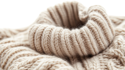 Cozy beige knitted sweater with a high collar, showcasing detailed ribbing and soft texture, perfect for autumn wear or chilly winter days.