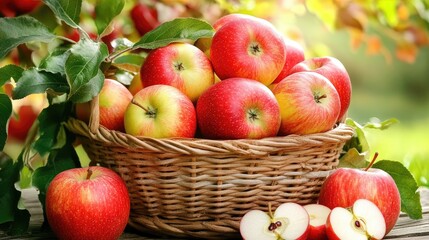 Ripe red apples in a woven basket surrounded by green leaves and fresh cut apples on a rustic wooden table in natural sunlight