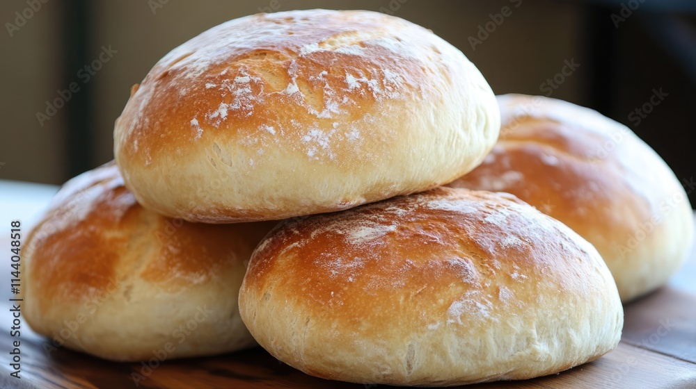 Poster artisan baked bread rolls stacked on a rustic wooden table showcasing their golden crust and soft te