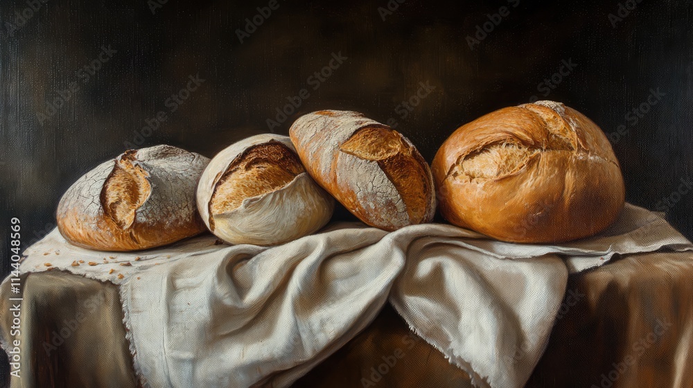 Poster artisan artisan bread loaves arranged on a textured linen cloth providing a rustic and inviting culi