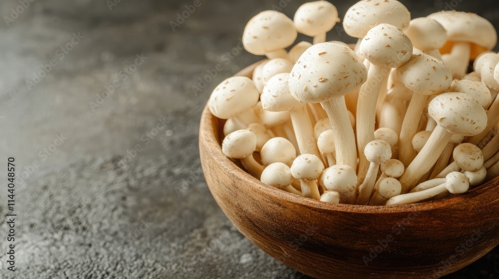 Aufkleber fresh beech mushrooms elegantly arranged in a wooden bowl showcasing their delicate appearance and n