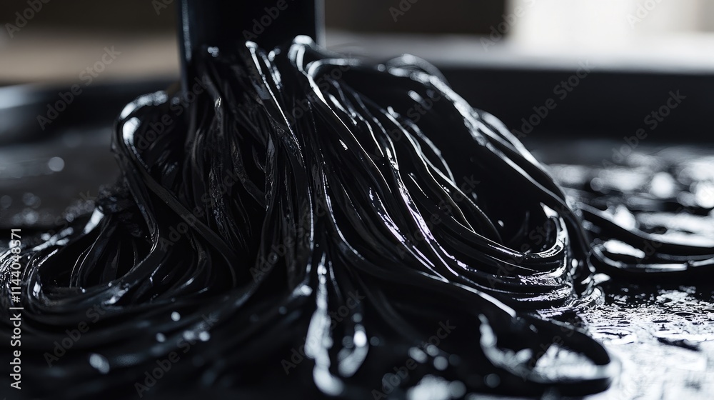 Poster raw fresh black noodles glistening in preparation showcasing their unique color and texture in a cul