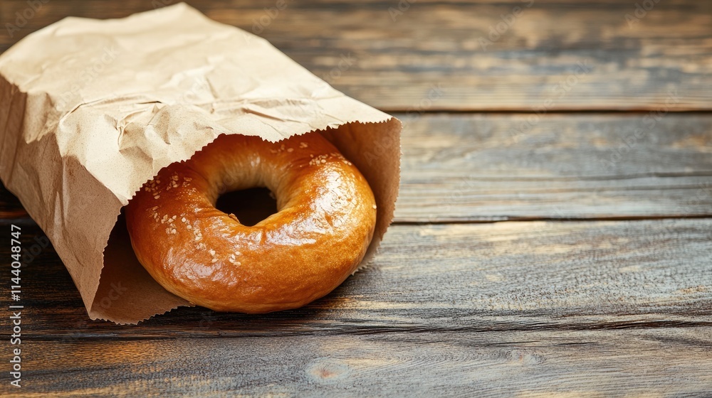 Aufkleber Freshly baked bagel in a paper bag resting on a rustic wooden table showcasing a warm and inviting breakfast setting