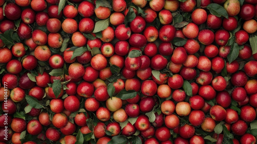 Poster vibrant assortment of fresh red and green apples with lush leaves creating a rich natural background