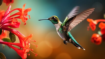 Fototapeta premium Captivating Image of a Hummingbird Gracefully Hovering and Drinking Nectar from a Bright Red Flower in Midair Showcasing the Delicate Beauty and Precision of Nature