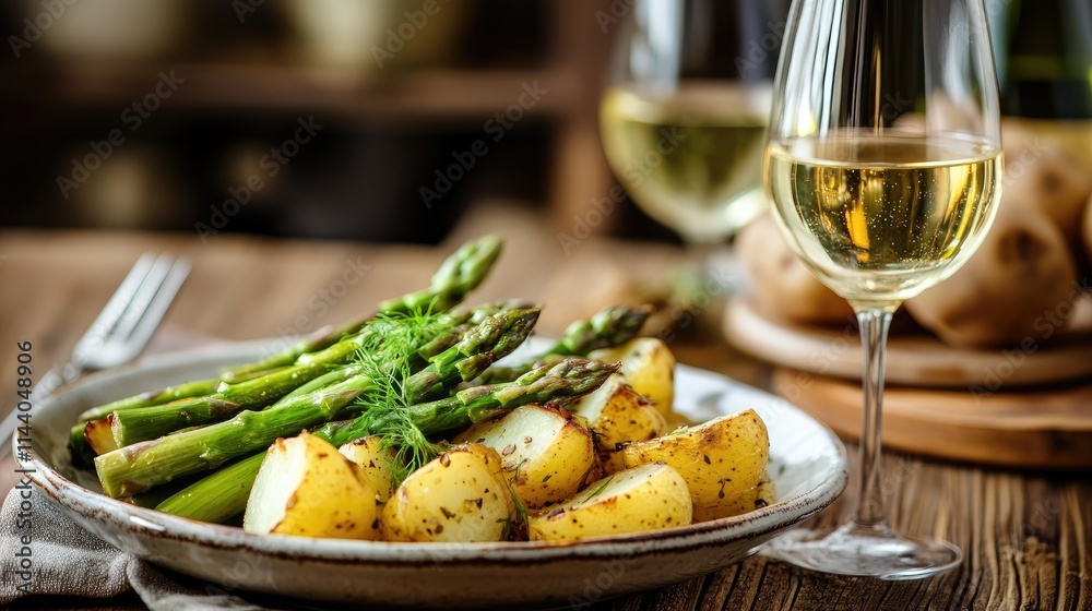 Poster delicious plated asparagus and potatoes with white wine on a rustic wooden table setting perfect for