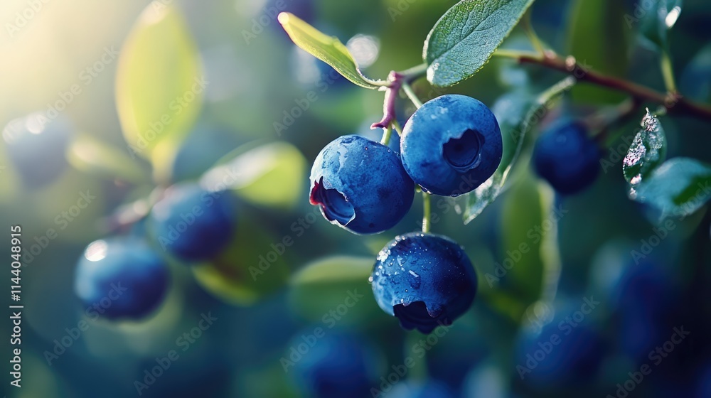 Poster blueberry branch with fresh berries illuminated by soft light showcasing vibrant colors and textures