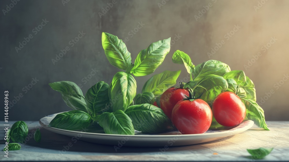 Poster fresh basil and ripe red tomatoes arranged on a plate showcasing vibrant colors and natural textures