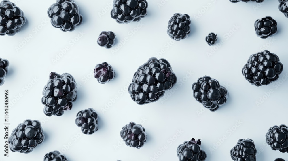 Poster blackberries scattered on a white background with a focus on freshness and detail of texture for cre
