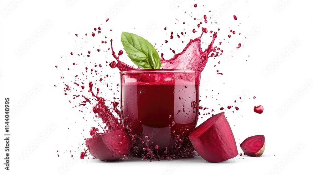 Poster vibrant splash of fresh beetroot juice with ice and basil leaves on a pristine white background