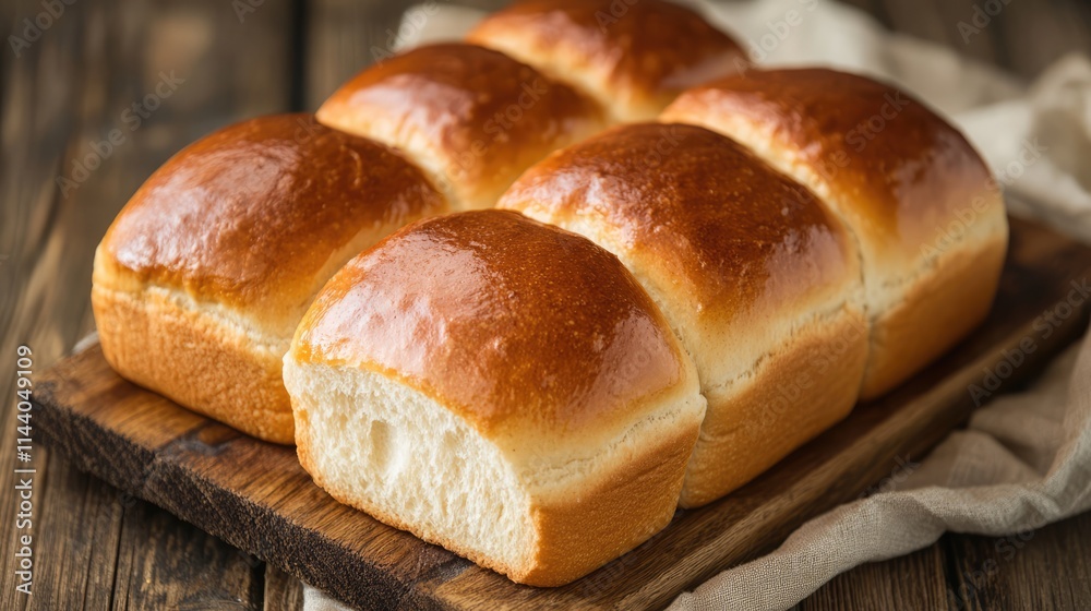 Poster golden brown freshly baked dinner rolls displayed on a rustic wooden board with a soft cloth for an 