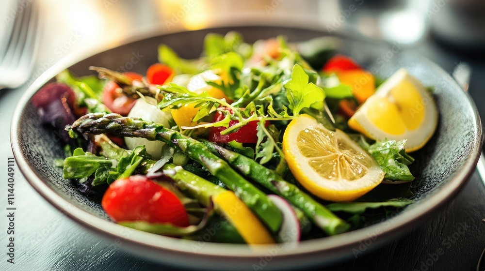 Poster vibrant asparagus salad garnished with fresh lemon wedges and mixed greens in a stylish bowl on a ru