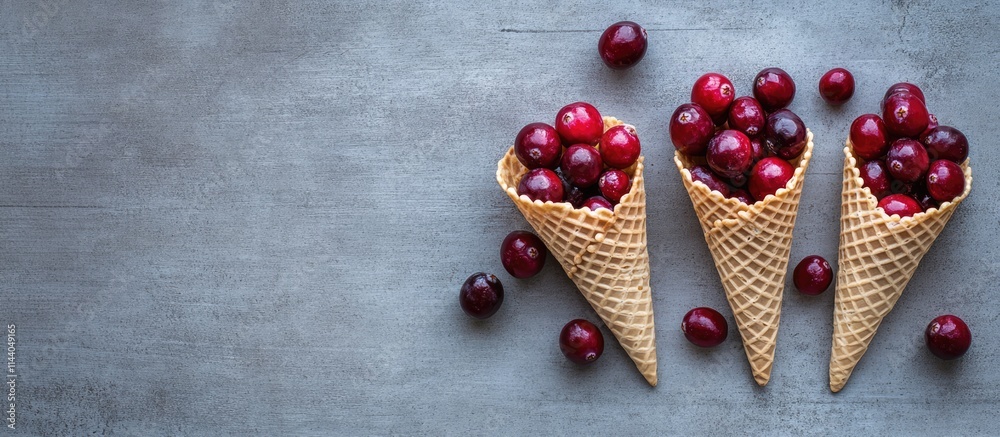Poster Cranberries in waffle cones on textured grey background with ample copy space for creative designs and food-related themes