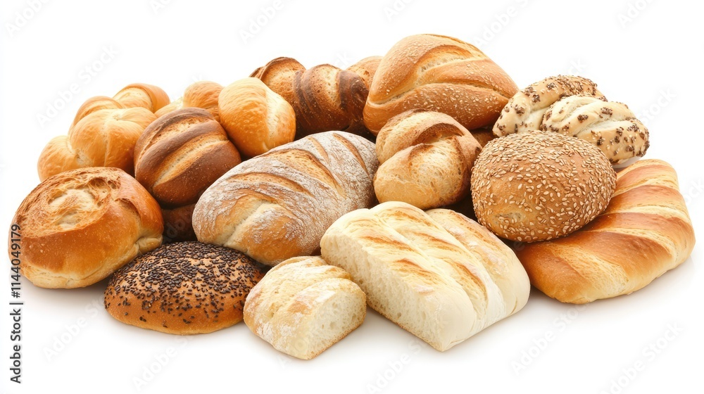 Poster assorted artisan bread varieties displayed on a white background showcasing texture and crust detail