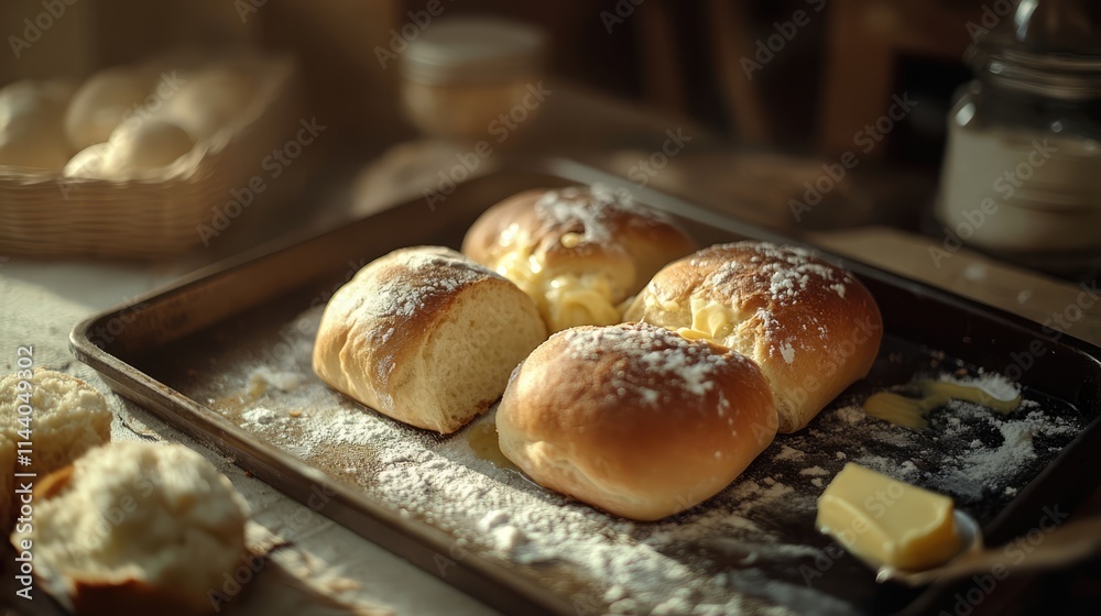 Poster freshly baked bread rolls with butter on a rustic baking tray dusted with flour in a cozy kitchen se