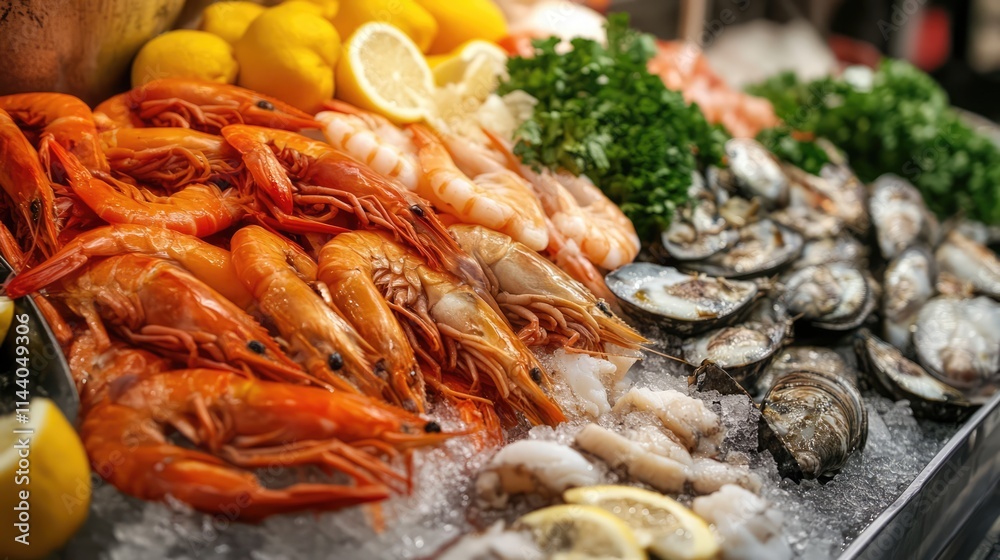 Poster assorted fresh seafood display with shrimp oysters and lemons on ice in a vibrant market setting