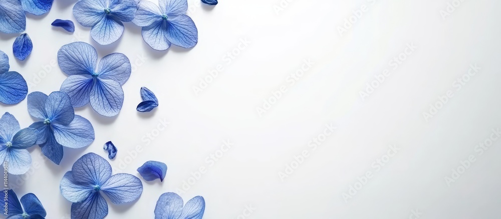 Poster elegant blue flowers scattered on a clean white background creating a serene festive floral composit