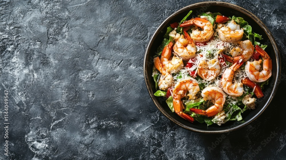 Poster delicious caesar salad topped with shrimp and parmesan cheese served in a rustic bowl overhead on a 