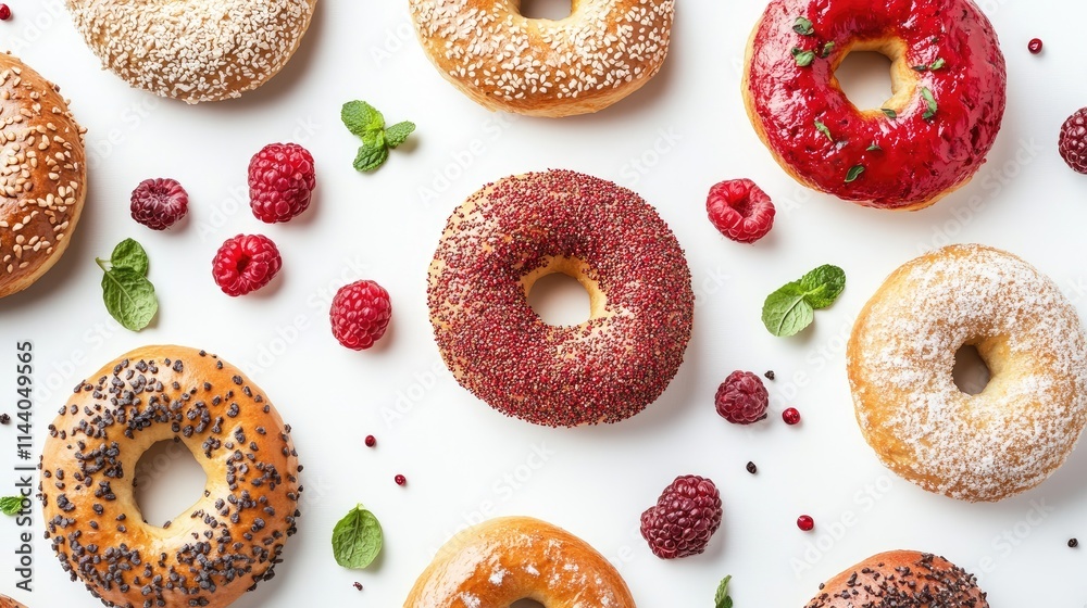 Aufkleber assorted bagels with different toppings and garnishes arranged on a white background for a delicious food concept image