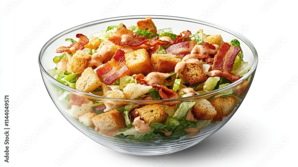 Aufkleber caesar salad with crispy bacon bits and croutons in a clear glass bowl showcasing fresh ingredients 