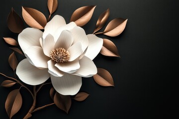 Elegant white paper magnolia flower with bronze leaves on dark background.