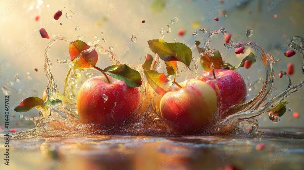 Poster Fresh apples with unique shapes splashing in water surrounded by vibrant light creating a magical and whimsical atmosphere