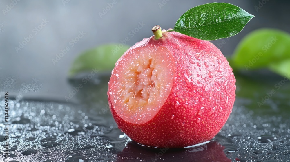 Poster fresh red guava with water droplets on dark surface showcasing vibrant color and texture against a b