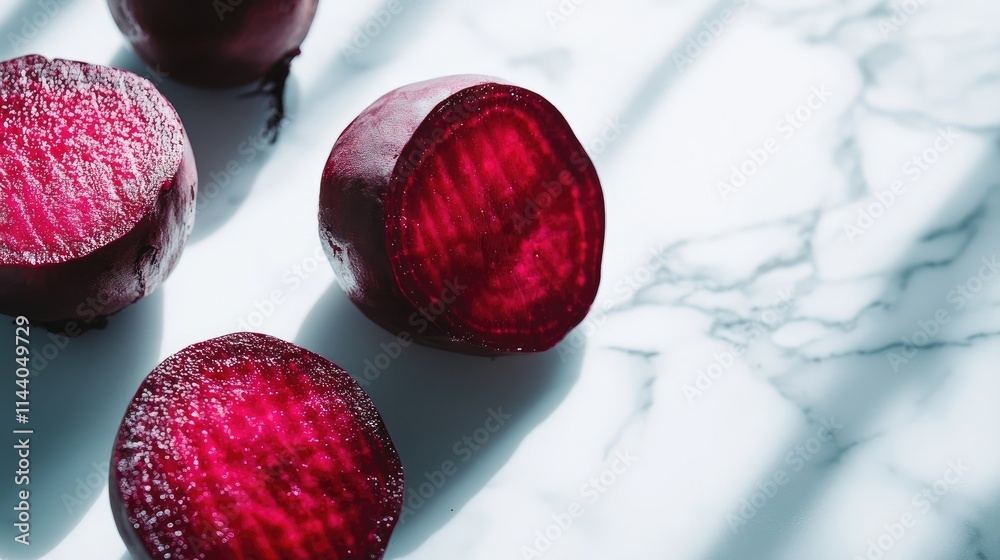 Poster freshly sliced beetroot against a marble background showcasing vibrant colors and textures ideal for