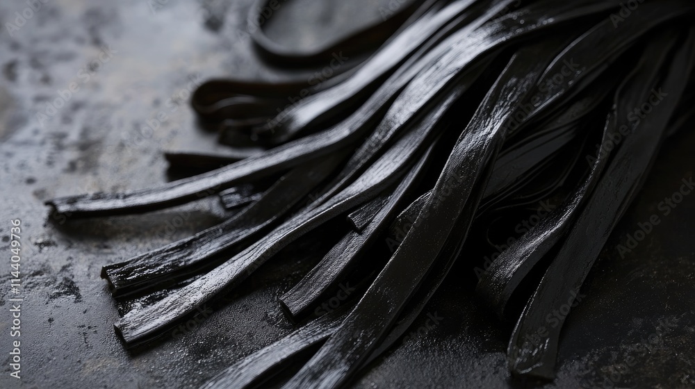 Poster raw black noodles on a textured surface showcasing their unique color and texture, ideal for culinar
