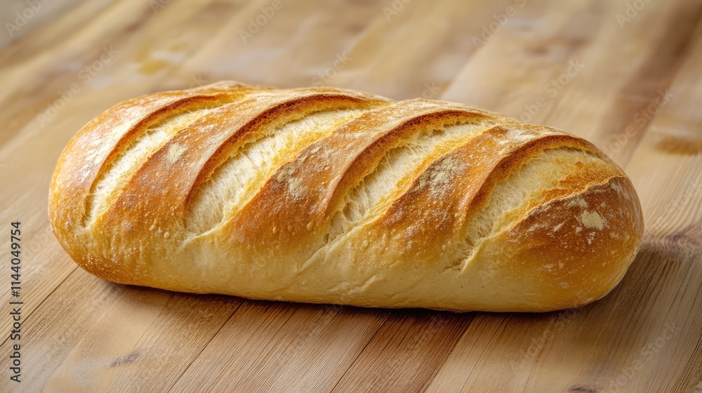 Poster artisan bread loaf resting on a rustic wooden surface showcasing its crusty texture and golden brown