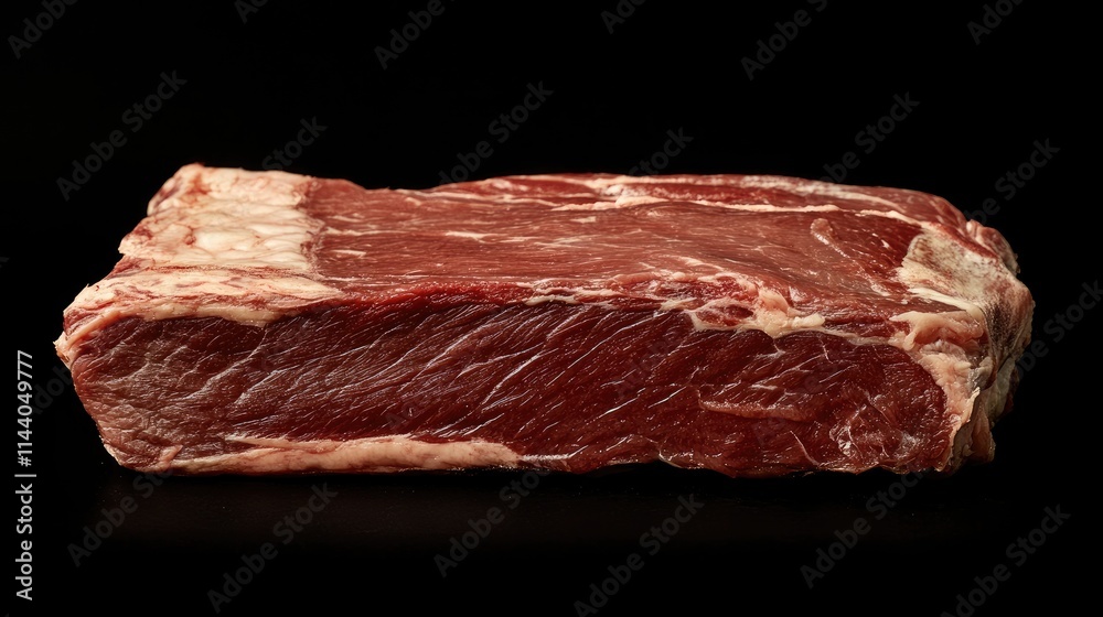 Poster raw beef steak on dark contrasting background showcasing texture and marbling for culinary or food p