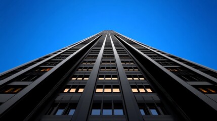 Reaching for the Sky: A dramatic low-angle shot of a towering skyscraper against a vibrant blue sky, emphasizing its imposing height and architectural detail.  The image evokes feelings of ambition.