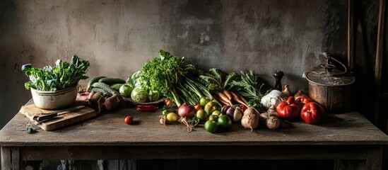 Colorful assortment of freshly harvested vegetables displayed on rustic wooden table highlighting healthy cooking and organic food choices