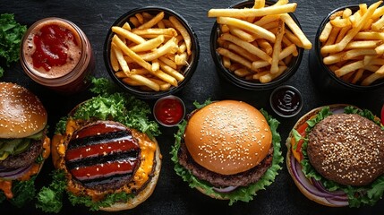 Fast food delivery menu background various burgers fries drinks illustrating convenience variety fast food options ideal restaurant marketing menus delivery services