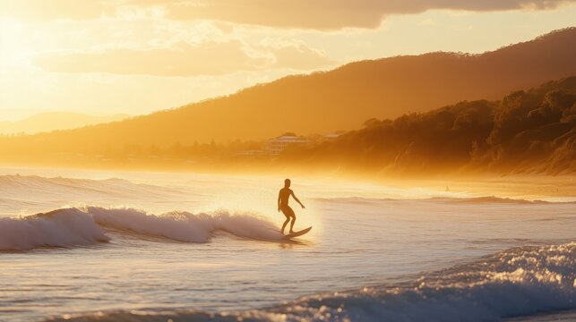 Silhouetted Surfer Riding Waves in Golden Sunset with Misty Background