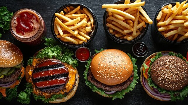 Fast food delivery menu background various burgers fries drinks illustrating convenience variety fast food options ideal restaurant marketing menus delivery services