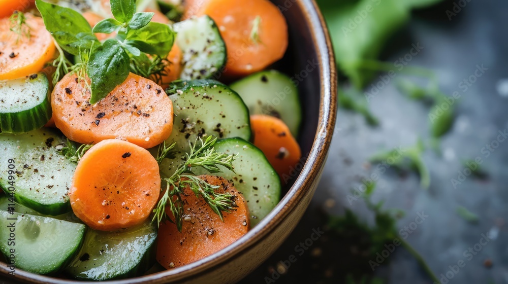 Poster healthy and vibrant carrot cucumber salad garnished with fresh herbs in a rustic bowl on dark backgr