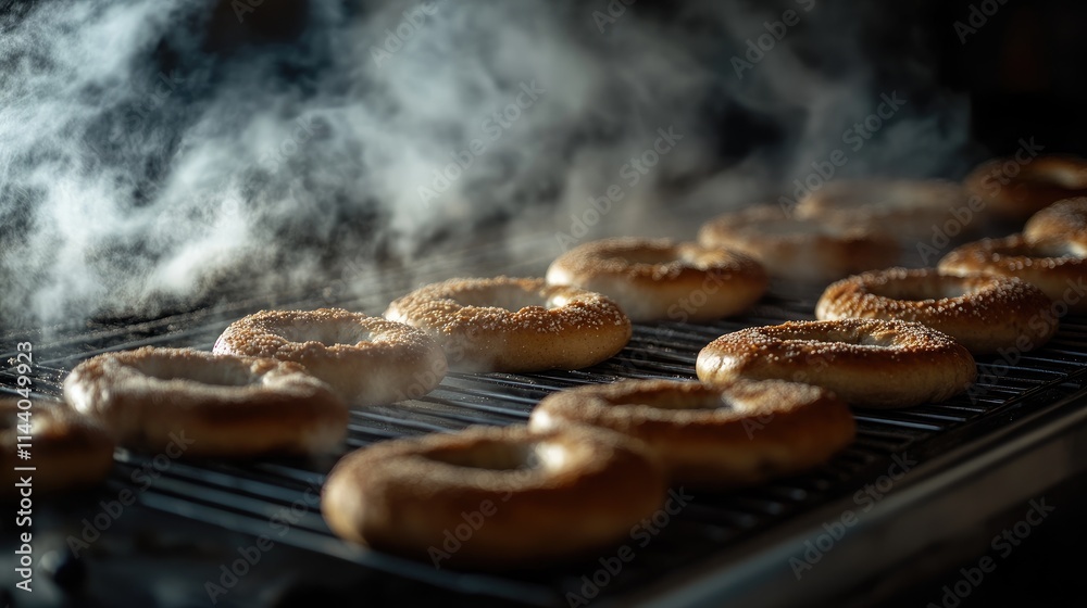 Aufkleber steaming fresh bagels cooling on a rack showcasing their golden brown texture and sesame seed toppin