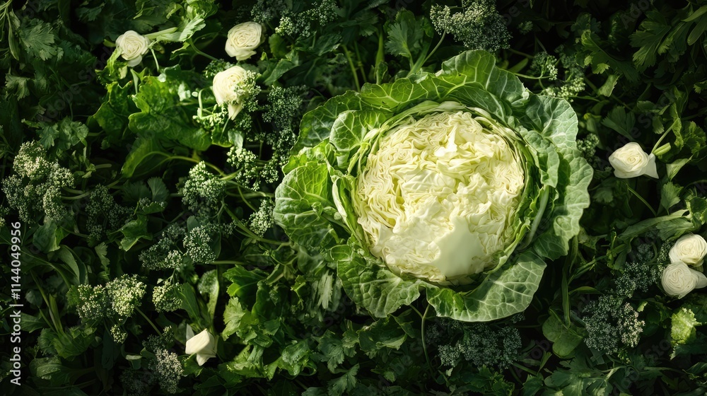 Poster fresh cabbage surrounded by herbs and greens in a top view composition on a dark background showcasi