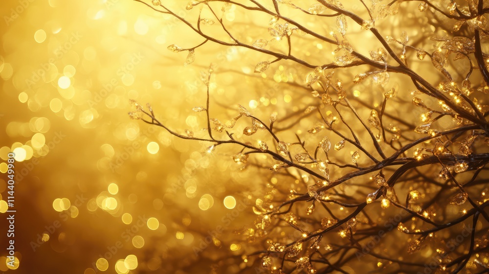 Poster golden bokeh background with sparkling lights and delicate tree branches creating a festive atmosphe