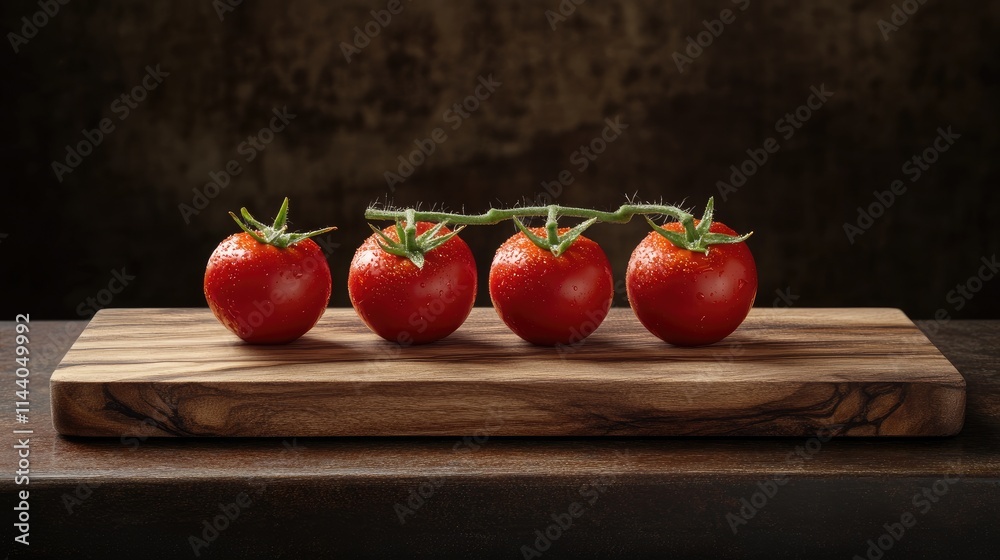 Poster vibrant red tomatoes arranged on a rustic wooden serving board highlighting freshness and culinary a