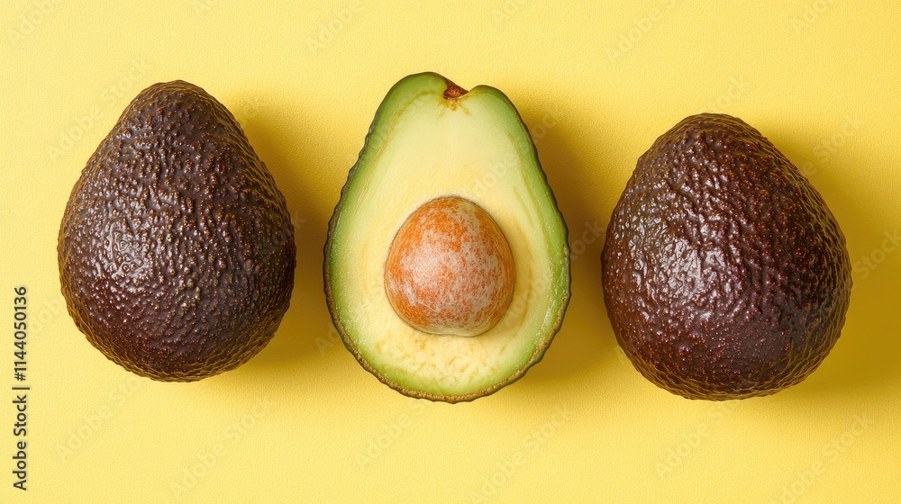 Aufkleber Avocado in three forms whole halved with pit and sliced on vibrant yellow background showcasing freshness and versatility of this popular fruit