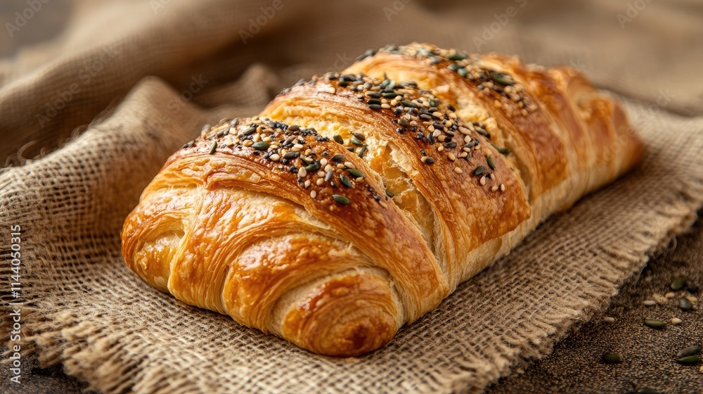 Aufkleber freshly baked artisan croissant topped with seeds displayed on rustic burlap fabric