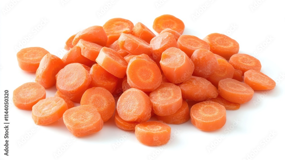 Poster sliced fresh carrots stacked on a white background showcasing vibrant orange color and natural textu