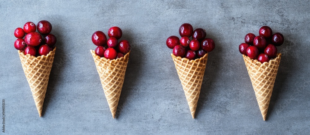 Aufkleber Cranberries in waffle cones arranged creatively on a grey background with ample copy space for text or branding purposes.