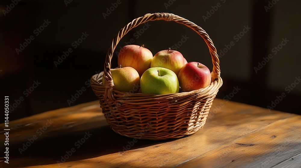Poster Freshly harvested apples in a woven basket placed on a rustic wooden table creating a warm and inviting atmosphere