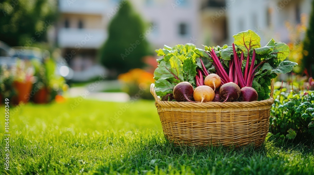 Poster vibrant harvest of fresh beetroots and vegetables in a rustic basket set against a lush garden backd