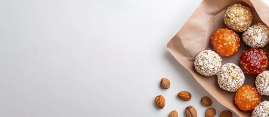 Georgian churchkhela assorted sweets with nuts and colorful juices in a paper bag on a white background from a bird's eye view